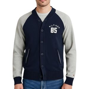 Tommy Hilfiger‎ Navy Gray Letterman Cardigan Button Sweater Size M